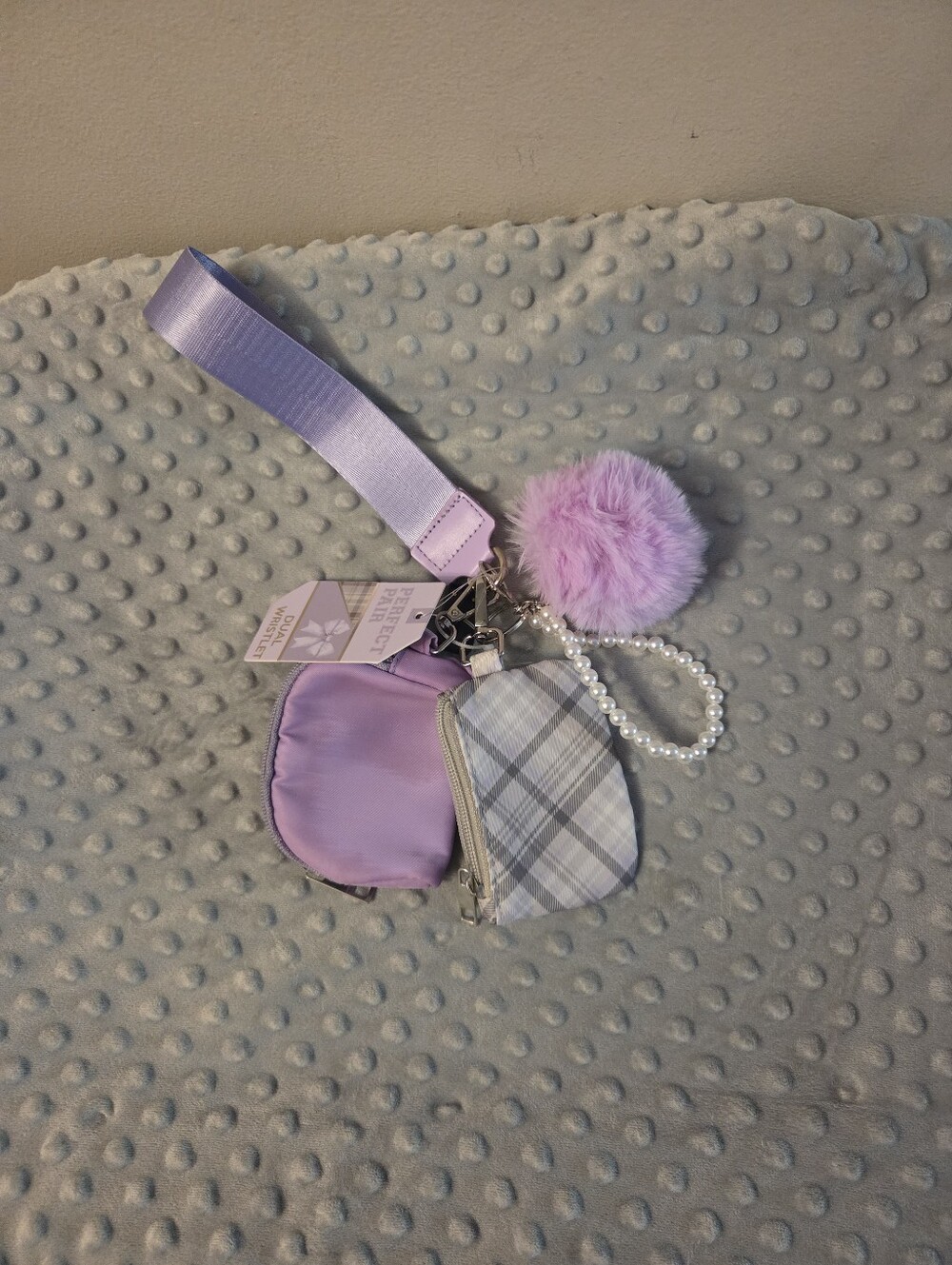 Purple Nwt Wristlet With 2 Zippered Pockets Faux Pearls & Pompom